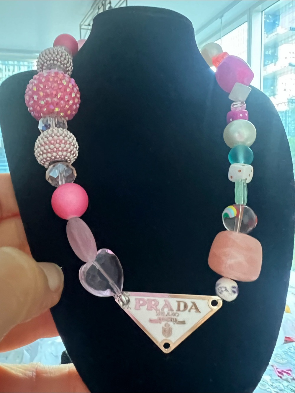 Fashion Multicolor Pink Beaded Necklace with Triangle Logo Pendant